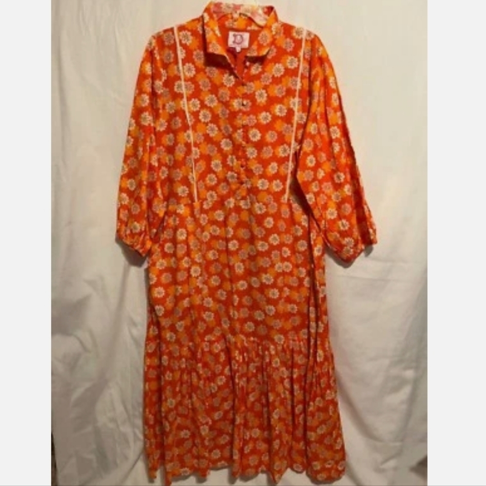 Victoria Dunn Charleston Folly Midi Dress Cotton Floral Orange Cream 🩷 L